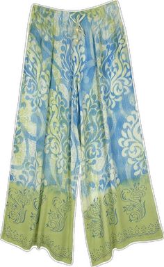 Summer Printed Blue Wide Leg Pants, Printed Wide Leg Pants For Beach In Spring, Spring Beach Printed Wide Leg Pants, Spring Beach Wide Leg Printed Pants, Blue Printed Wide Leg Pants For Spring, Spring Blue Printed Wide Leg Pants, Printed Blue Wide Leg Pants For Spring, Flowy Green Bottoms For Vacation, Green Flowy Bottoms For Vacation