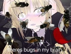 a girl with many bees around her