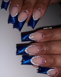 Bling Blue Acrylic Nails, Dallas Cowboy Nails Acrylics, Short Square Acrylic Nails Blue Glitter, Black And Blue Nails Acrylic Design, 90s Prom Nails, Phlebotomist Nails, Dark Blue And Silver Nails Acrylic, Blue N Black Nails, Blue Nail Designs Prom