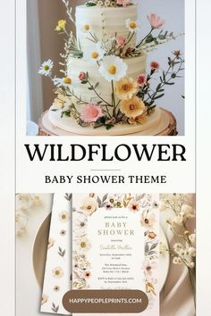 a wedding cake with flowers on top and the words wildflower baby shower theme below