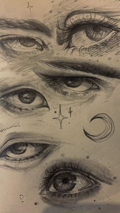 an artistic drawing of two eyes with the moon and stars above them