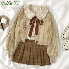 Pleated Plaid Skirt, Plaid Outfit, Kawaii Skirt, Cottagecore Clothes, Fairycore Clothes, Vest Cardigan, Style Kawaii, Doll Collar, Vintage Preppy