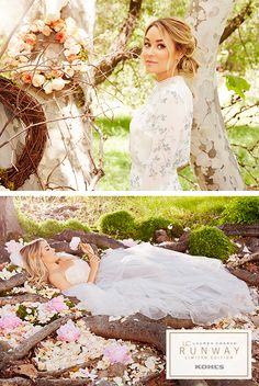 a woman in a wedding dress laying on the ground next to a tree and flowers