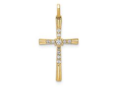 14K yellow gold cross pendant with 0.099 cttw round diamonds of I2 clarity and polished finish. Measures approximately 15/16"L x 7/16"W. Gold Cross Pendant, Diamond Cross Pendants, Diamond Cross, Cross Jewelry, Gold Cross, Fine Jewellery Necklace, 그림 그리기, Diamond Stone, Diamond Gemstone