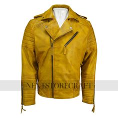 Handmade Yellow Leather Biker Jacket | Real Leather Moto Jacket | Quilted Designer Leather Jacket This handmade yellow men's leather jacket is a standout piece for any collection. With its vintage design and quilted detailing, this leather biker jacket perfectly blends style and durability. The bold yellow color makes it a unique choice among mens jackets, ideal for anyone looking to make a statement. This moto jacket is not just a fashion item but also a practical gift for him, perfect as a bik Yellow Leather Long Sleeve Outerwear, Yellow Leather Jacket For Winter, Yellow Biker Leather Jacket For Winter, Yellow Leather Winter Outerwear, Yellow Leather Jacket With Long Sleeves, Yellow Biker Outerwear For Winter, Quilted Leather Jacket, Designer Leather Jackets, Moto Biker Jacket