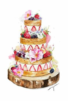 a watercolor painting of a three tiered cake with strawberries and flowers on top