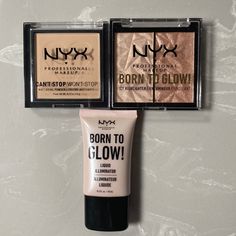 Nyx Born To Glow In Beautiful Shades To Mix And Match With All Your Favorite Makeup Products. Includes Illuminator, Mattifying Powder And Highlighter. Nyx Makeup Products, Nyx Highlighter, Nyx Foundation, Nyx Powder Puff Lippie, Nyx Powder, Nyx Born To Glow, Nyx Butter Gloss, Baked Eyeshadow, Nyx Makeup