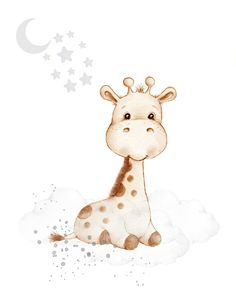 a drawing of a giraffe sitting in the clouds with stars on it's head