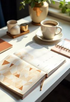 an open notebook sitting on top of a white table next to a cup of coffee