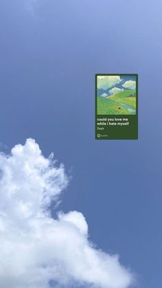 there is a kite flying in the sky with clouds above it and an advertisement below that reads could you see one little fish?