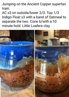 a blue and brown bowl sitting on top of a table next to an image of a building