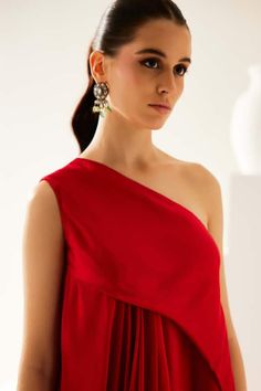 Red one-shoulder asymmetrical midi dress in modal base. - Aza Fashions Midi Dress For Women, Asymmetrical Midi Dress, Womens Midi Dresses, Dress For Women, Women Dresses, Aza Fashion, Dresses Midi, One Shoulder, Midi Dress