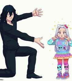 an image of a man and woman dressed up as anime characters with their hands out