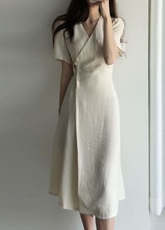 Boutique Beige V Neck Fashion Cotton Long Dresses Short Sleeve Cotton Long Dresses, Dresses Short Sleeve, Cotton Long Dress, Natural Fabric, Modest Fashion Outfits, Mode Inspo, Dresses Short, Casual Style Outfits