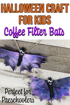 halloween crafts for kids coffee filter bats on a white wooden background with text overlay