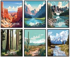 four different posters with mountains, trees and water in the same color scheme on them