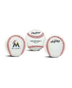 three baseballs with the miami marlins logo on them, all in white and red