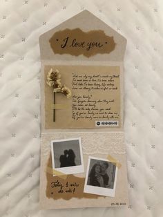 a couple's love note is displayed on a bed with two pictures and a flower