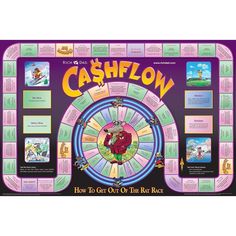 the board game cashflow is shown in front of a purple background with images of people on it