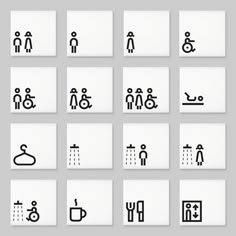 a set of nine black and white bathroom symbols