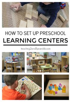 children playing with wooden blocks on the floor and in front of them are pictures of how to set up preschool learning centers