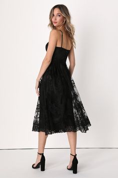 Achieve the picture-perfect romantic look with the Lulus My Darling Daydreamer Black Lace Bustier Midi Dress! A sheer mesh overlay is adorned with intricate floral embroidery (atop a satiny woven liner) as it forms adjustable straps, a sweetheart neckline, and a bustier bodice with padded, underwire cups. The set-in waist boasts strips of hidden boning before flowing into an A-line midi skirt with scalloped trim. Hidden back zipper/clasp. Fit: This garment runs small - please size up. Length: Kn Lace Dress With Sweetheart Neckline For Date Night, Prom Lace Dress With Spaghetti Straps, Spaghetti Strap Lace Prom Dress, Lace Corset Dress With Lace Trim For Date Night, Lace Trim Dress For Prom, Spring Lace Corset Dress With Patchwork, Sweetheart Neckline Delicate Lace Prom Dress, Evening Lace Dress With Spaghetti Straps And Patchwork, Sweetheart Neckline Lace Patchwork Dress For Date Night