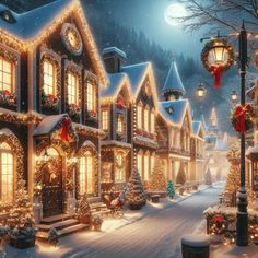 a christmas village with many lights and decorations