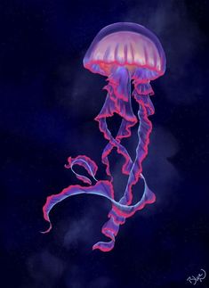 a purple jellyfish floating on top of a dark blue ocean with pink swirls