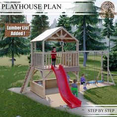 a wooden play house with a slide and climbing frame