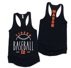 Cheer for your favorite player with our personalized Baseball tank top with Team name and Player number and name.  Racer Back Tank Top in Your choice of Color and Design Color.  This Next Level Brand Tank Top is sure to be a Baseball Season favorite.    Please review size chart prior to placing your order.  This is women's fit cut tank top so if you prefer a looser fit, please size up a size.  TO ORDER: Choose Tank Color Choose Size Choose Color for Team Name, Number and Name on Back from last c Collegiate Black Sleeveless Top, Sports Sublimation Sleeveless Design With Team Name, Sleeveless Sublimation Sports Top For Sports Season, Collegiate Sleeveless Tops With Letter Print, Sporty Tank Top With Letter Print, Sleeveless Graphic Print Top For College, Customizable Black Sporty Top, Racerback Sports Top With Graphic Print, Racerback Top With Graphic Print For Sports