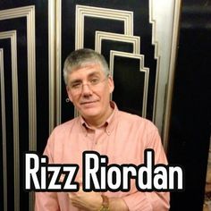 a man standing in front of a black and white wall with the words rizz rorodan on it