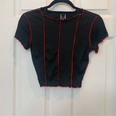 Windsor Black And Red Striped Ruffle Sleeved Crop Top T-Shirt Size S New Without Tags Nwot Fitted Red Top In Edgy Style, Edgy Red Top For Night Out, Edgy Red Summer Tops, Edgy Red Summer Top, Red Stretch Edgy Top, Edgy Red Crop Top For Summer, Red Crew Neck Tops For Night Out, Edgy Red Short Sleeve Top, Red Fitted Top For Night Out