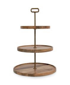 three tiered wooden tray with metal handles