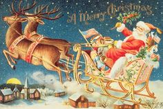 a santa claus riding in a sleigh with his reindeer