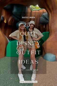 two women standing in front of a fake tree trunk with the words 25 + cute disney outfit ideas