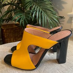 Super Fun Yellow/Orange Mules From Zara. Barely Worn - Like Brand New! Size 7.5 Chic Orange Slip-on Heels, Bold Yellow Open Toe Heels, Bold Orange Heels For Spring, Yellow Evening Sandals For Spring, Chic Yellow Heels For Spring, Bold Yellow Summer Heels, Zara Yellow Round Toe Heels, Zara Yellow High Heels, Yellow Leather Slip-on Heels