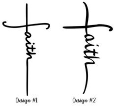 two cross symbols with the word faith written in cursive writing on each side