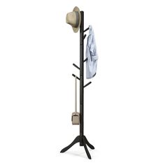 a coat rack with two hats and an umbrella