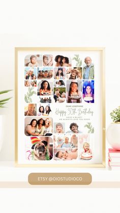 a family photo collage with the words happy birthday on it in gold frame next to a potted plant