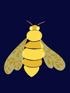 a yellow and black bee sitting on top of a dark blue background with leaves in it's wings