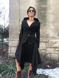 Stylish Extravagant women's black suit.Fully lined jacket with Length 58cm at back. Skirt with knee length,unlined. SIZE CHARTSIZE S - US 6, UK 8, EU 36bust: bust around 34.5”/90cmWaist: waist around 27.5”/70cmHips: hips around 34.5”/90cmSIZE M - US 8, UK 10, EU 38bust: bust around 37.5”/95cmWaist: waist around 29.5”/75cmHips: hips around 37.5”/95cmSIZE L - US 10, UK 12, EU 40bust: bust around 39.5"/100cmWaist: waist around 31.5”/80cmHips: hips around 39.5”/100cmSIZE XL - US 12, UK 14 , EU42 bus Fitted Long Coat For Halloween, Fitted Punk Outerwear For Costume Party, Punk Style Fitted Outerwear For Costume Party, Fitted Gothic Outerwear For Costume, Gothic Fitted Outerwear For Costume, Elegant Fitted Outerwear For Halloween, Black Fitted Outerwear For Costume, Gothic Black Outerwear For Formal Occasions, Fitted Black Outerwear For Costume