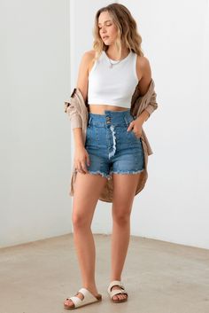 Indulge in these chic and trendy High Waist Front Tassel Detail Denim Shorts. The high waist design flatters your figure while the tassel detailing adds a touch of glamour. Perfect for any occasion, these shorts effortlessly elevate your style and leave a lasting impression. 🖤 Complete the look: Pair with sandals and a tank top for a chic summer outfit. Add a cardigan jacket and snickers for a stylish, layered look. Dress it up with ankle boots and button down shirt for a more polished ensemble. 🖤 Features: Women denim shorts, frayed hem, four pocket, front zip and two metal button closure, front frayed detail, tassel detail, streetwear style, relaxed longline fit, these shorts are the perfect playful pair. Trendy High Rise Bottoms With Fringe, High Waist Fringe Shorts For Spring, High-waist Fringe Shorts For Spring, Spring High-waist Fringe Shorts, High Waist Fringe Bottoms For Spring, Summer High Waist Jeans With Fringe, Chic High Waist Bottoms With Frayed Hem, High-waisted Denim Fringe Shorts, Chic High-waist Bottoms With Frayed Hem