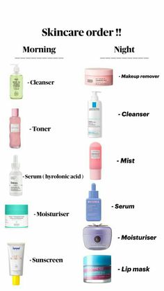 Perfect Night Skin Care Routine, Order Skin Care Routine, Skincare Morning And Night, Night Korean Skincare Routine, Skin Care Order Night, Skin Care Routine Before Bed, Skin Care Routine For Night, Skin Care Routine For School, Morning Routine Skincare Products