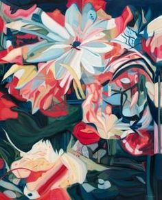 an abstract painting with flowers and leaves in red, white, blue, and pink colors