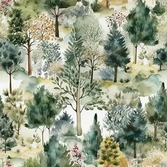 a watercolor painting of trees and bushes