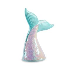 a glass vase with a pink and blue mermaid tail on the bottom, sitting in front of a white background