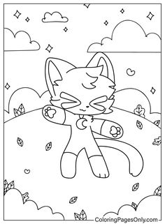 a coloring page with an image of a cat on the ground and clouds in the background