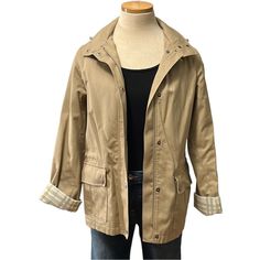 Details: -100% Cotton -Detachable Zip Hood With Drawcords -Long Sleeves -Front Zip And Snap Closures -Drawstring Waist -Fully Lined With Check-Patterned Fabric -Wear Cuffed Or Uncuffed -Waist Flop Pockets -Euc With Natural Tarnish Look Of Silver Buttons Beige Travel Outerwear For Fall, Fall Beige Utility Jacket For Outdoor, Beige Parka For Outdoor Use, Burberry Jacket, Silver Buttons, Patterned Fabric, Drawstring Waist, Hooded Jacket, Burberry