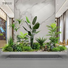 an indoor garden with plants and rocks in the center, surrounded by white marble walls