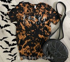 Skeleton Shirt Reverse Tie Dye Black Shirt Halloween Tie | Etsy Spooky Black T-shirt For Fall, Fitted Cotton Spooky T-shirt, Fitted Cotton T-shirt With Spooky Design, Fitted Black T-shirt For Halloween, Spooky Short Sleeve Shirt For Fall, Spooky Short-sleeve Fall Shirt, Spooky Fitted Halloween Tops, Spooky Fitted Tops For Halloween, Fall Skull Print Cotton Shirt